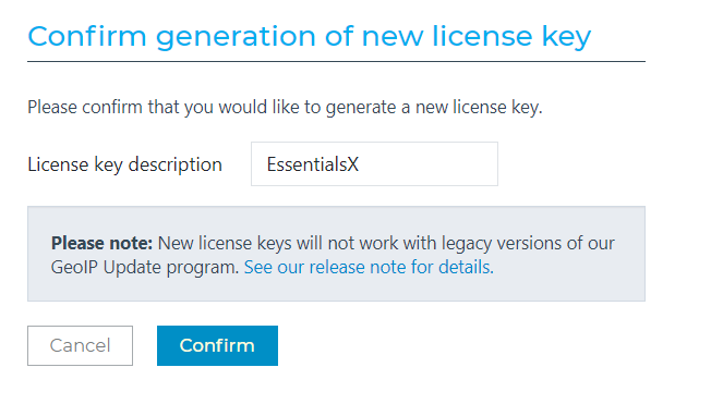 The description should be filled in with something to identify the key, and you should check "No" next to the GeoIP Update text.